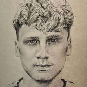 Een portret, zwart-wit, getekend door Carolien van Oijen