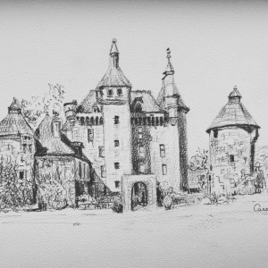 Een zwart wit tekening door Carolien van Oijen van Chateau de Villemonteix