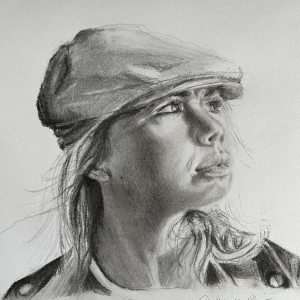 Een zwart-wit portret, getekend door Carolien van Oijen