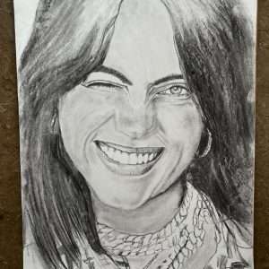 Billie Eilish - Houtskool portret op handgeschept papier door Carolien van Oijen