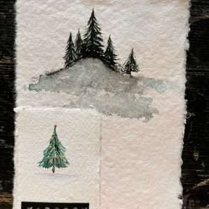 Handgemaakte Abbehuisje cadeaubon op handgeschept papier, met aquarel kerstboom en zachte winterse tinten.